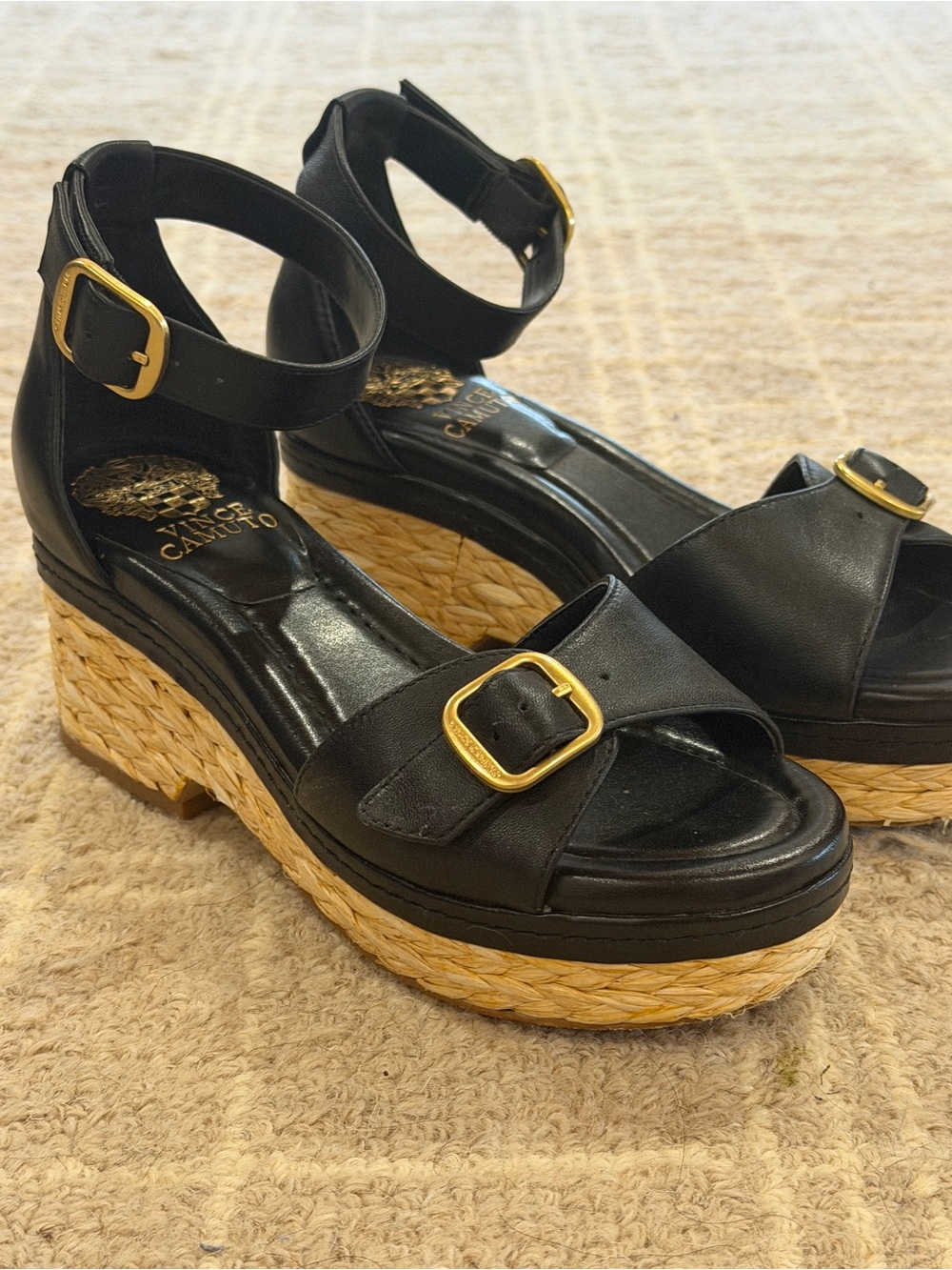 Vince Camuto Black Leather Wedge Sandals with Gold Buckles
